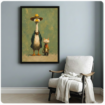 Vintage Duck & Cat Duo Oil Painting Canvas Wall Art