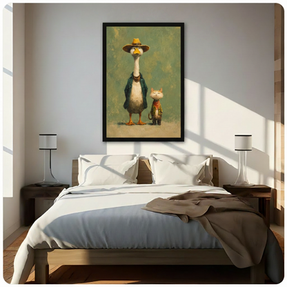 Vintage Duck & Cat Duo Oil Painting Canvas Wall Art