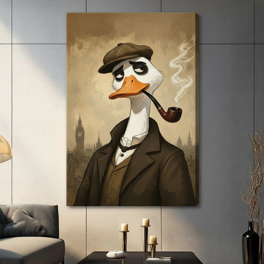 Vintage Detective Duck Framed Canvas Wall Art