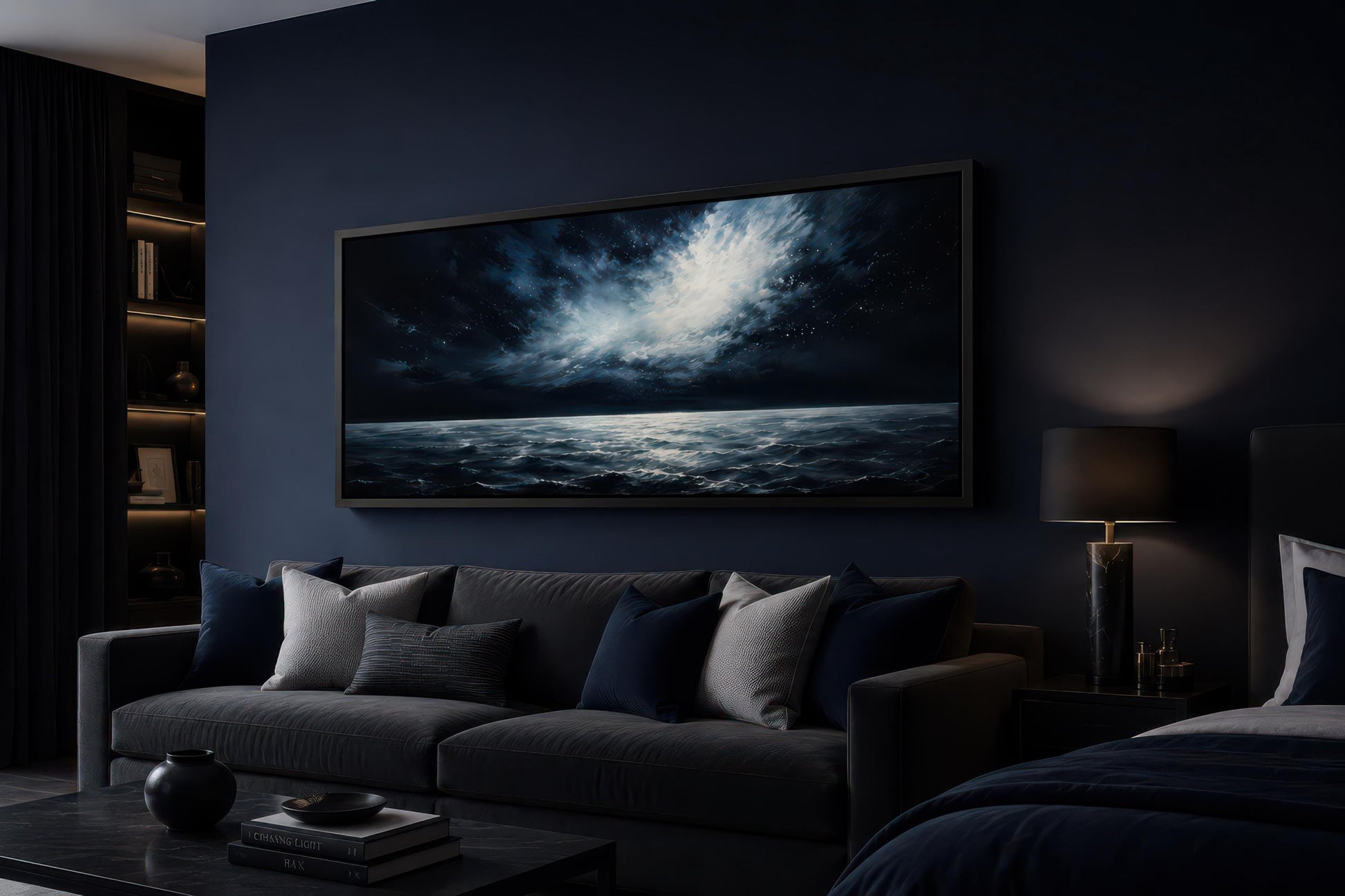 Dark Navy Moonlit Ocean Night Sky Seascape Painting, Moody Masculine Bedroom Decor Canvas Wall Art