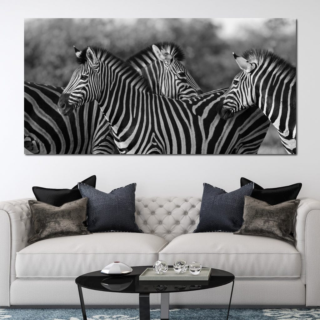 Zebra Herd in Black & White Canvas Wall Art