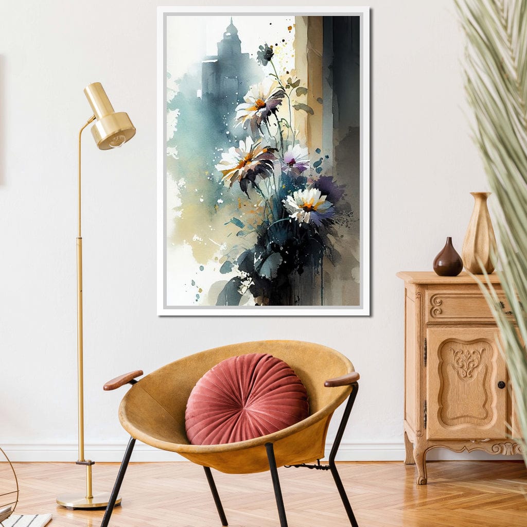 White & Teal Watercolor Flowers Canvas Wall Art