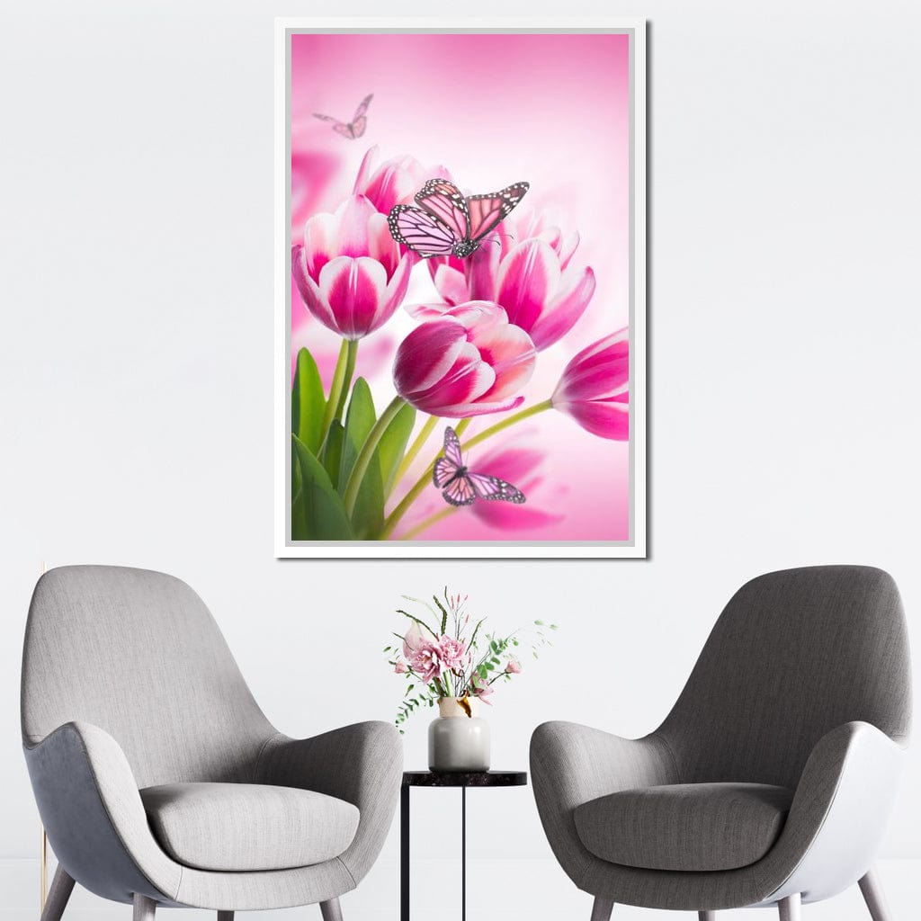 Bouquet of Pink Tulips & Butterflies Canvas Wall Art