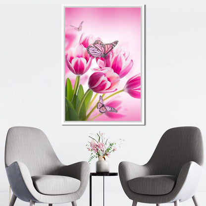 Bouquet of Pink Tulips & Butterflies Canvas Wall Art