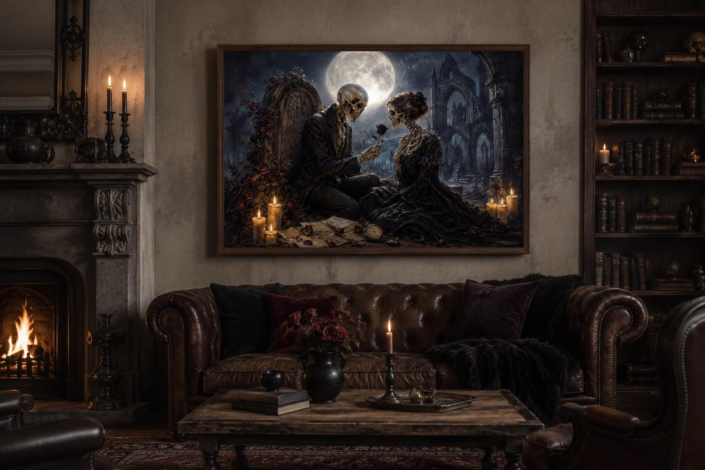 Gothic Skeleton Couple Art - Romantic Gothic Canvas for Dark Academia Wall