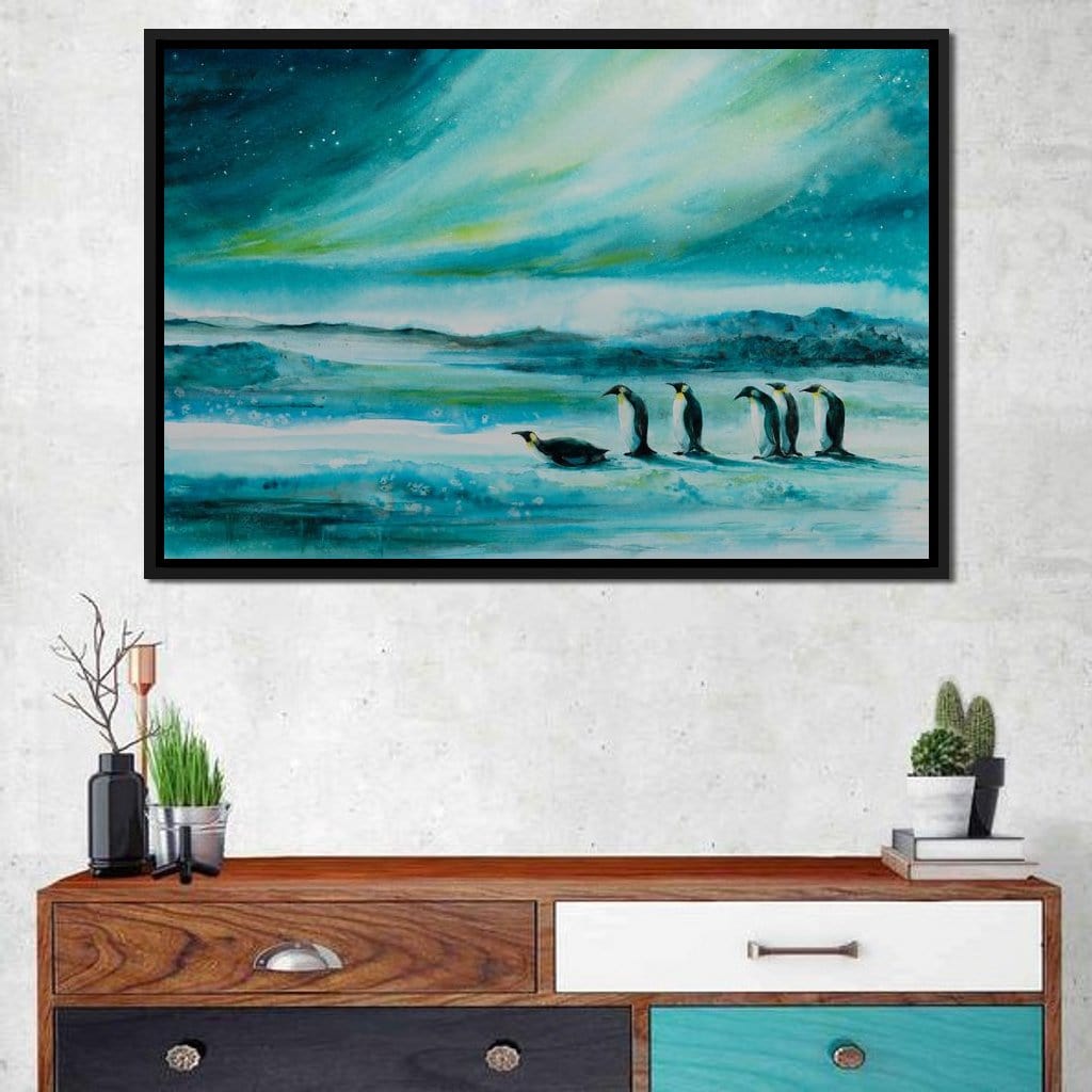 Penguins Under the Aurora Borealis Canvas Wall Art