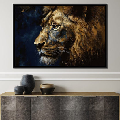 Golden Lion on Blue Background Canvas Wall Art