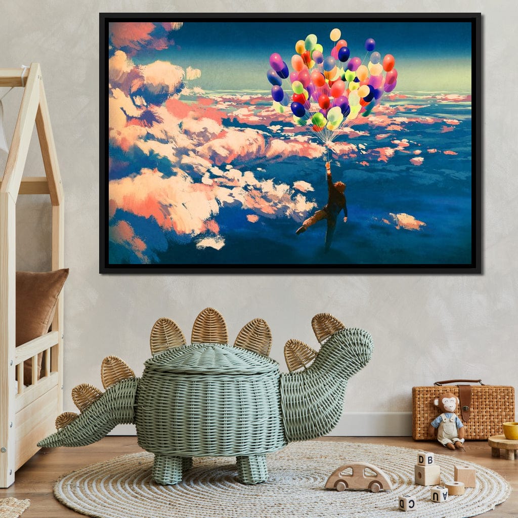 Flying with Colorful Balloons Canvas Wall Art