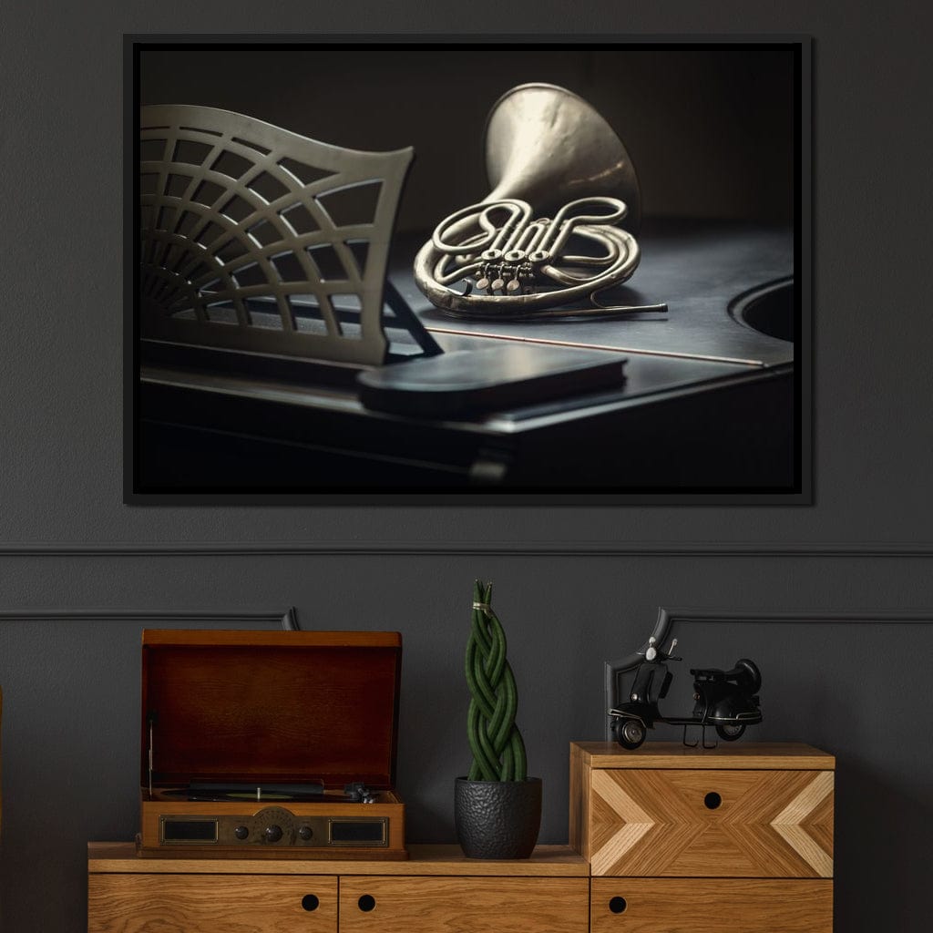 French Horn on the Grand Piano Canvas Wall Art