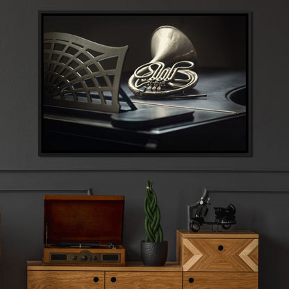 French Horn on the Grand Piano Canvas Wall Art