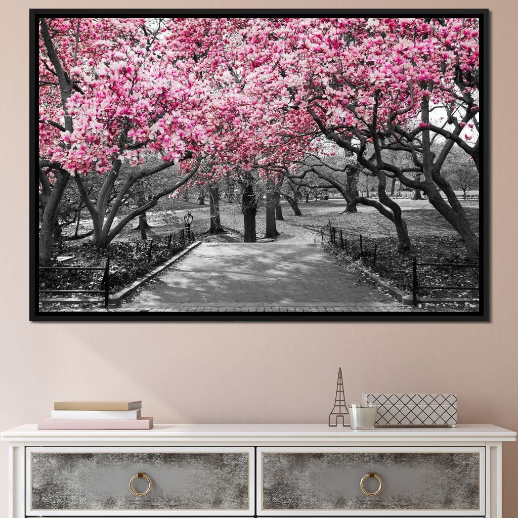 Pink Blossoms in Black and White Canvas Wall Art