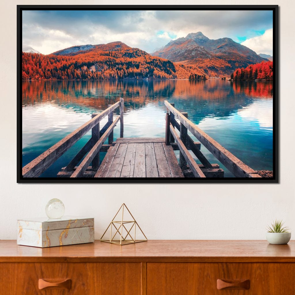 Wooden Pier on Autumn lake Sils Canvas Wall Art