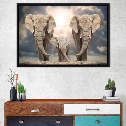 Elephant Family Under the Sun Canvas Wall Art