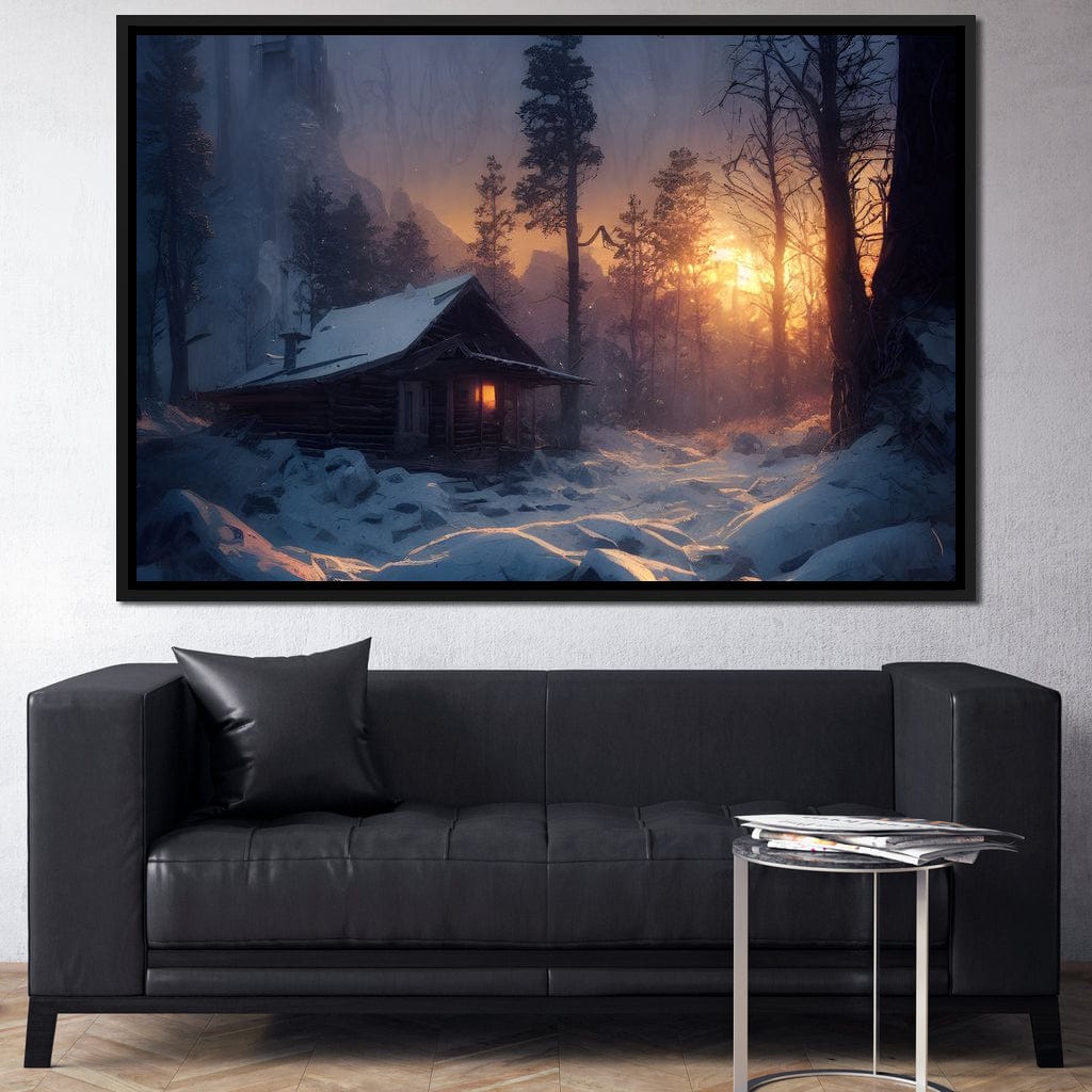 Warm Cabin Covered in Snow Canvas Wall Art