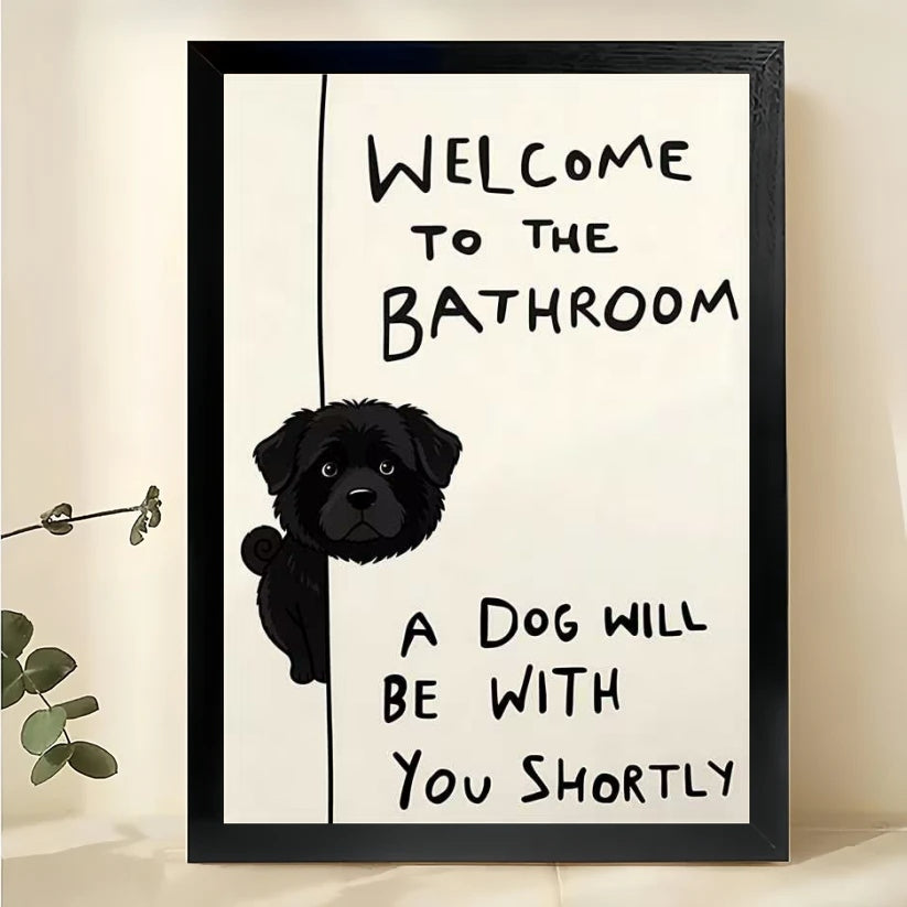 Funny Peeking Black Dog Bathroom Wall Art – Welcome Quote Framed Canvas Print