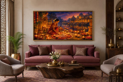 Diwali Canvas Wall Art - Woman Lighting Diyas Indian Festival Painting | Living Room Decor