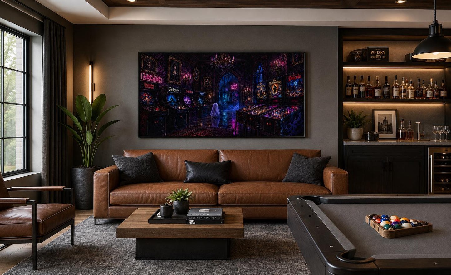 Spooky Halloween Arcade with Ghost and Pinball Machines in Neon Purple, Man Cave Game Room Wall Art