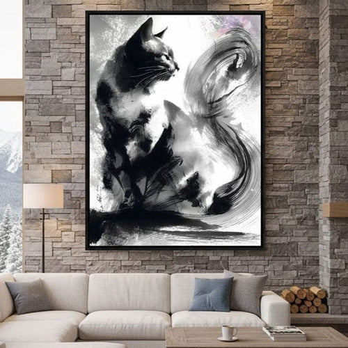 Sumi Ink Cat Reflecting Shadow Canvas Wall Art