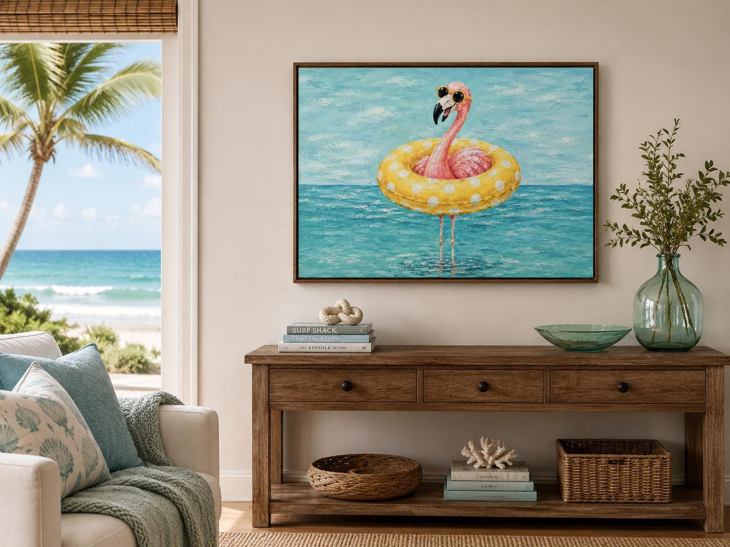 Funny Flamingo With Pool Float And Sunglasses Wall Art - Whimsical Coastal Wall Decor for Beach House