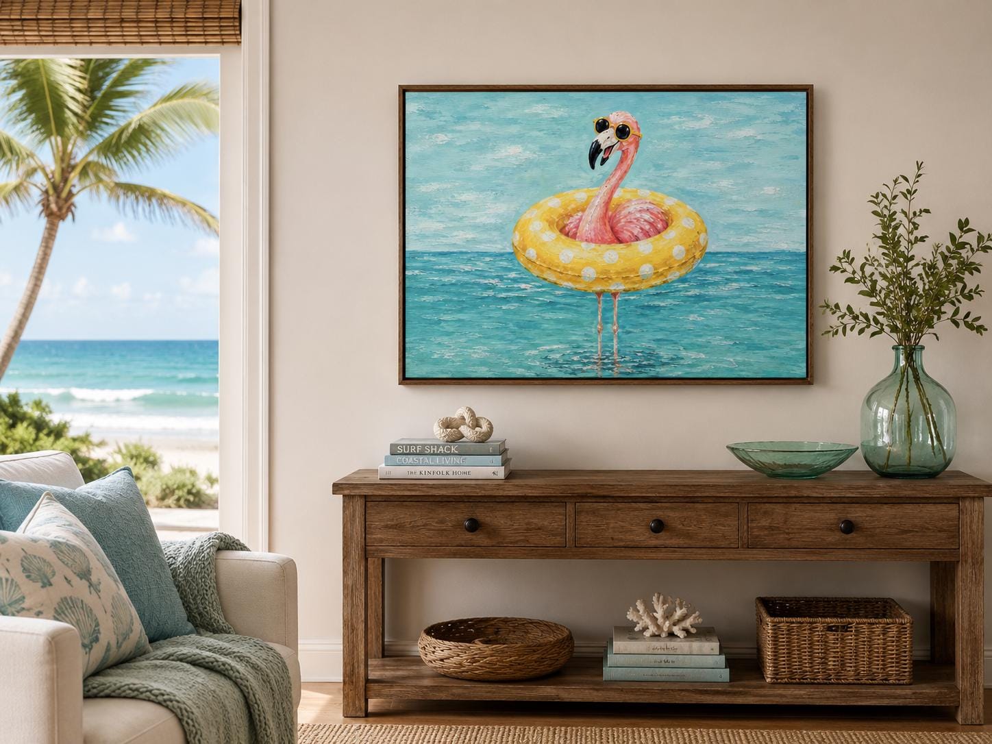 Funny Flamingo With Pool Float And Sunglasses Wall Art - Whimsical Coastal Wall Decor for Beach House