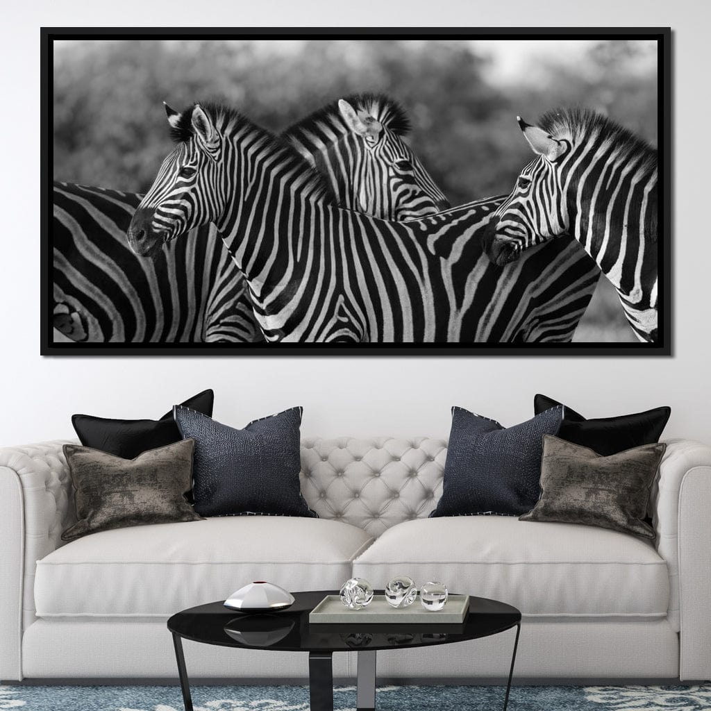 Zebra Herd in Black & White Canvas Wall Art