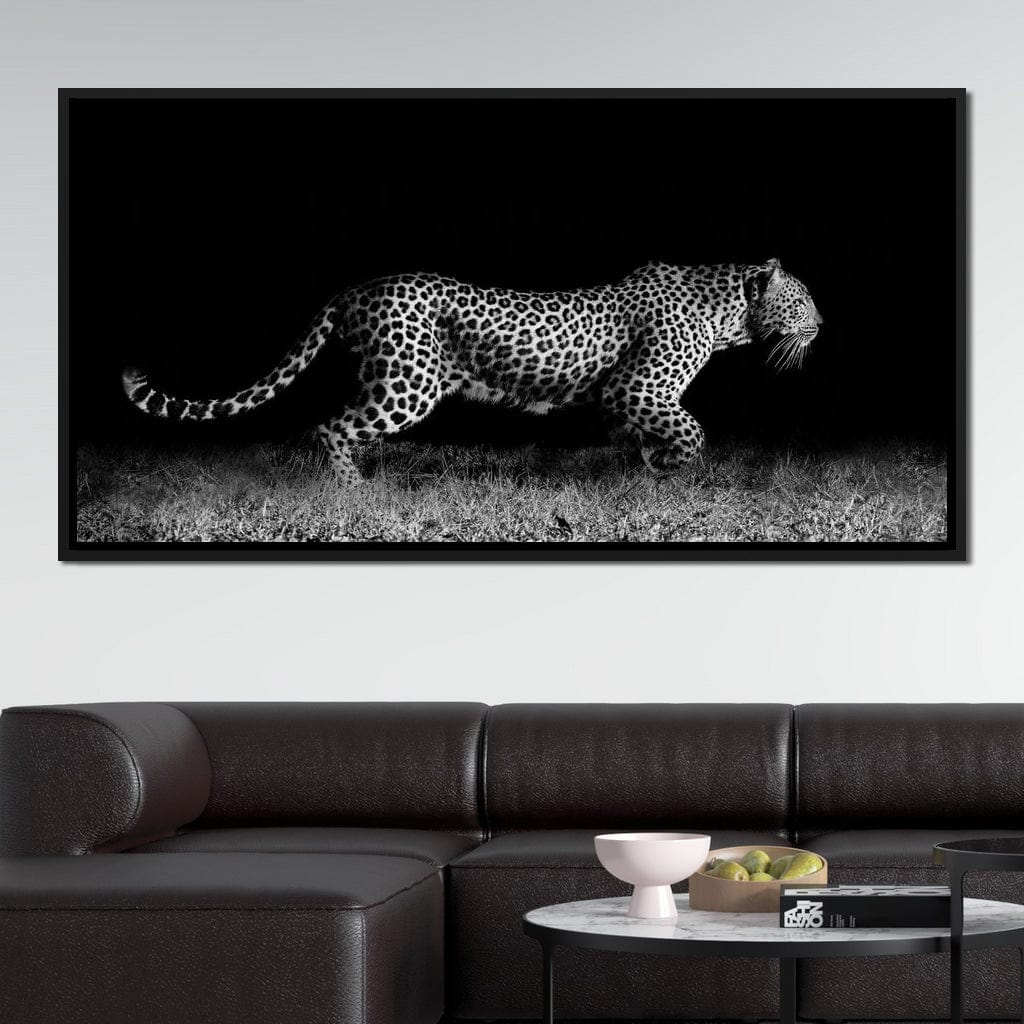 Black and White Jaguar Running Canvas Wall Art