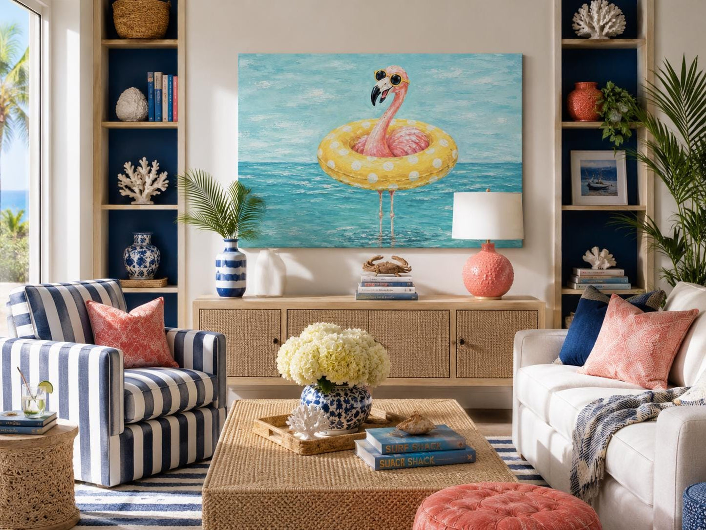 Funny Flamingo With Pool Float And Sunglasses Wall Art - Whimsical Coastal Wall Decor for Beach House