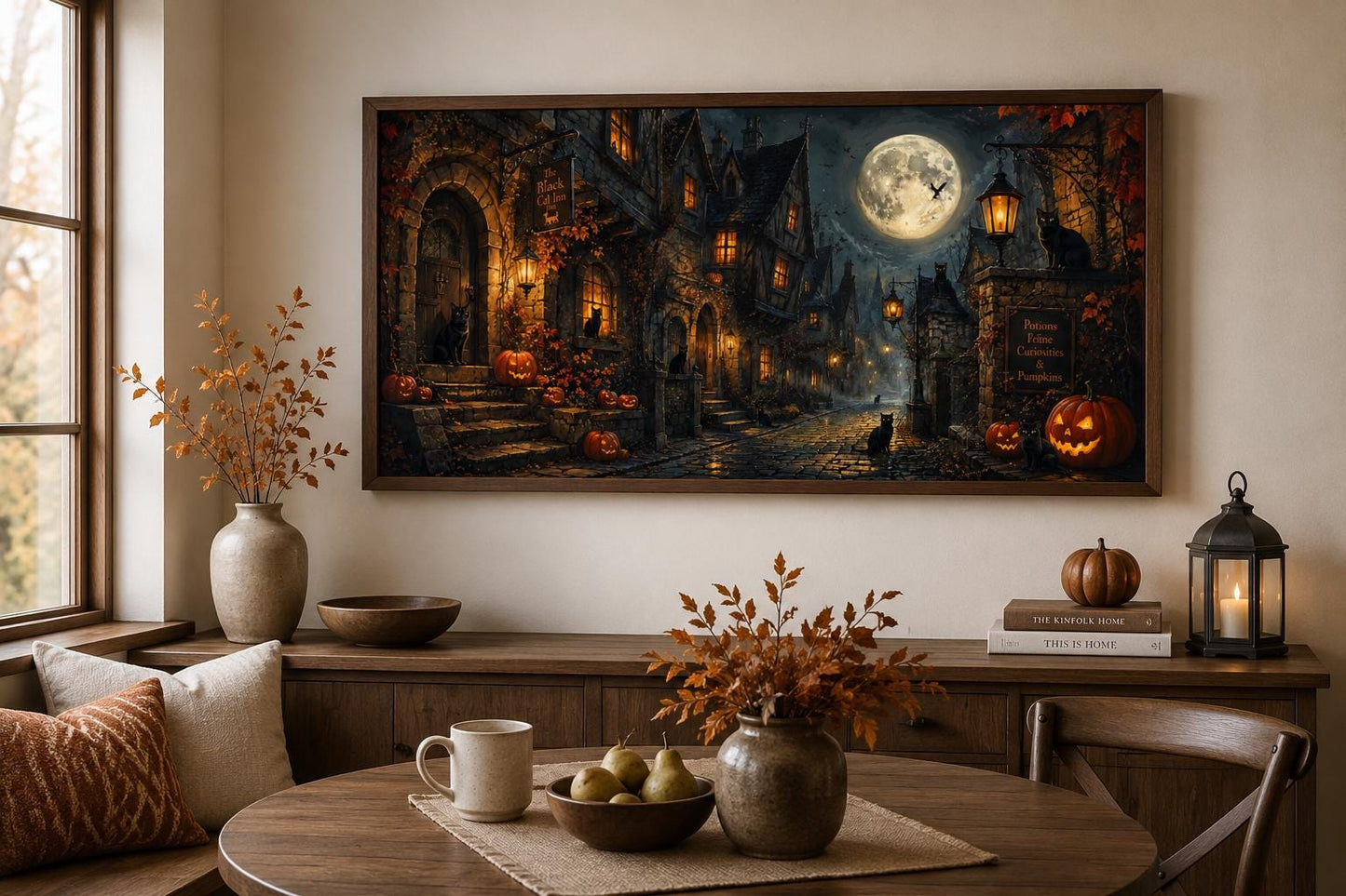 Halloween Village Canvas | Gothic Wall Art With Black Cat & Full Moon Scene