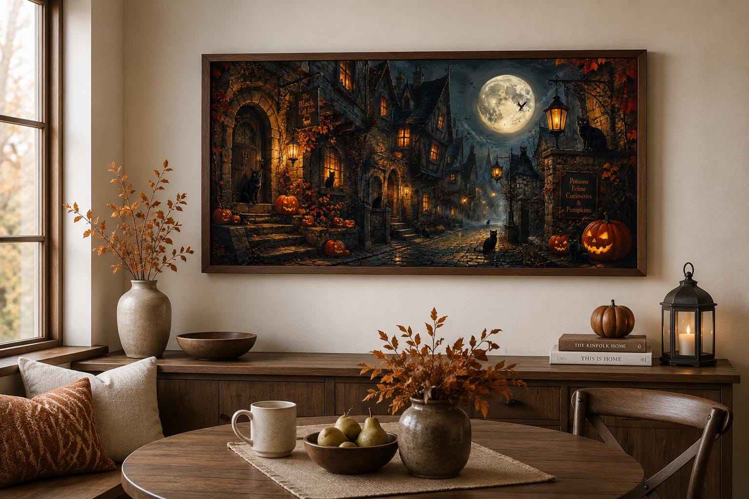 Halloween Village Canvas | Gothic Wall Art With Black Cat & Full Moon Scene