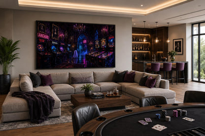 Spooky Halloween Arcade with Ghost and Pinball Machines in Neon Purple, Man Cave Game Room Wall Art