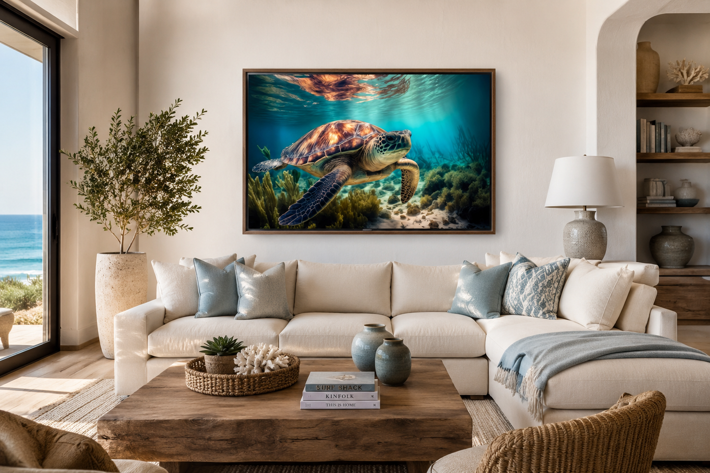 Sea Turtle In Coral Reef Underwater Canvas Wall Art