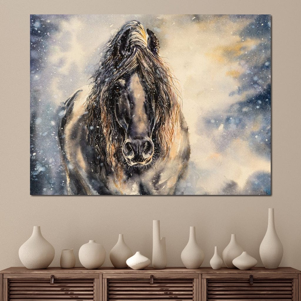 Black Horse in Winter Canvas Wall Art