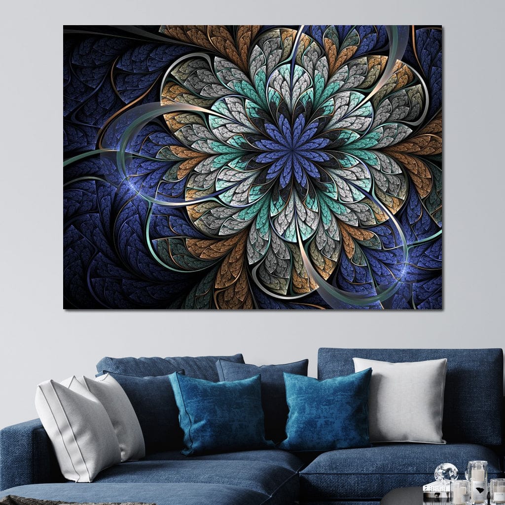 Blue and Gold Fractal Flower Canvas Wall Art