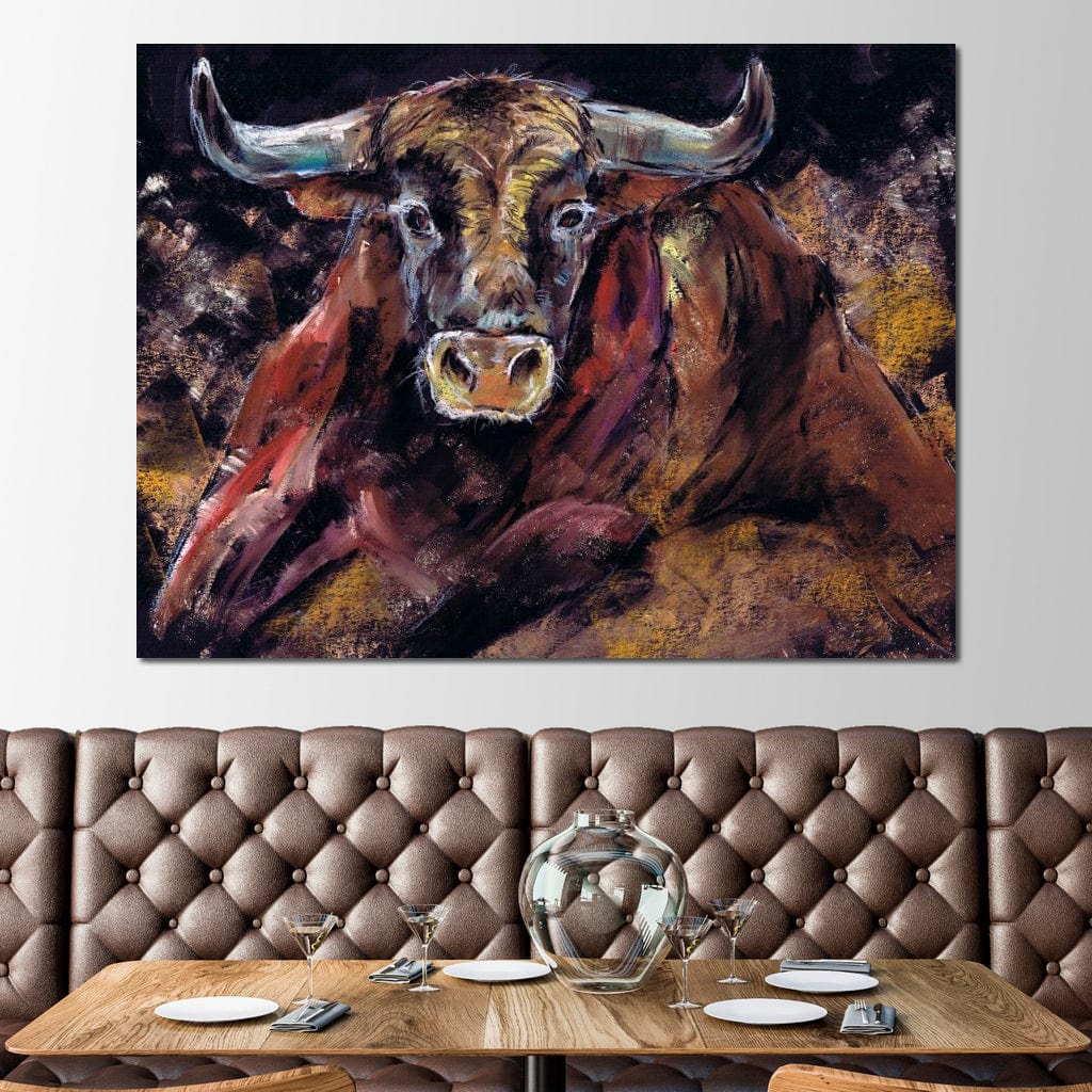 Brown Bull Charge Canvas Wall Art
