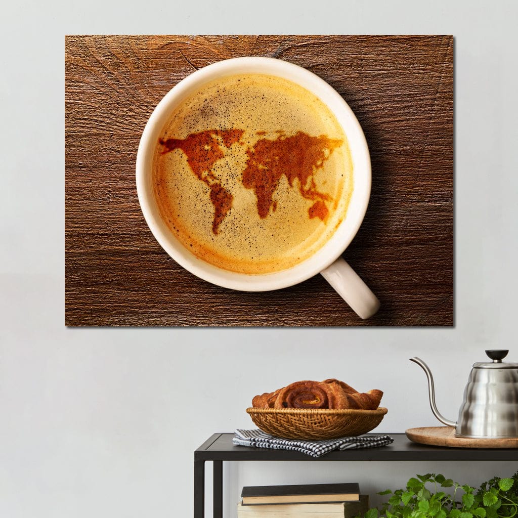 World Map Coffee Cup Canvas Wall Art