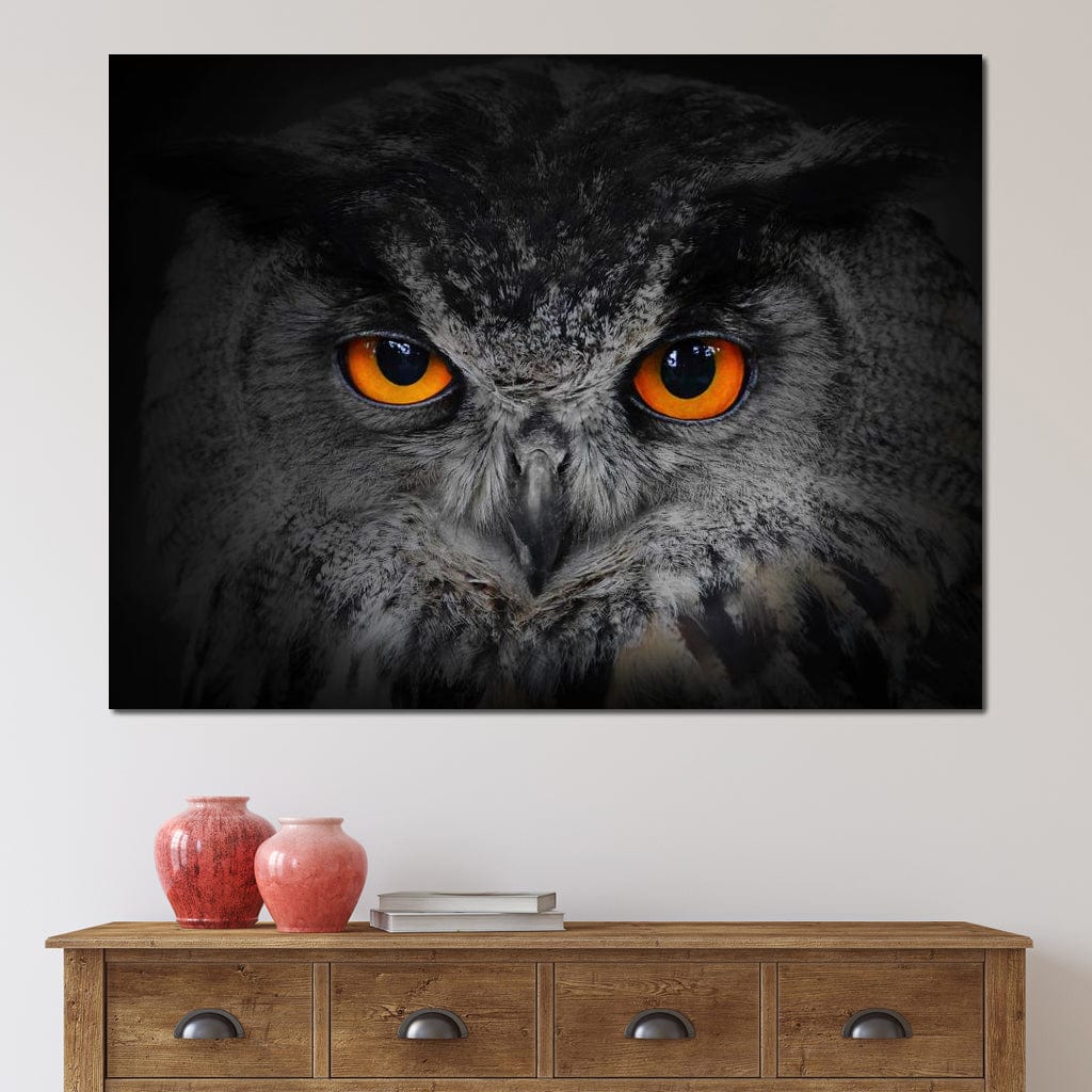 Black & White Owl with Orange Eyes Canvas Wall Art
