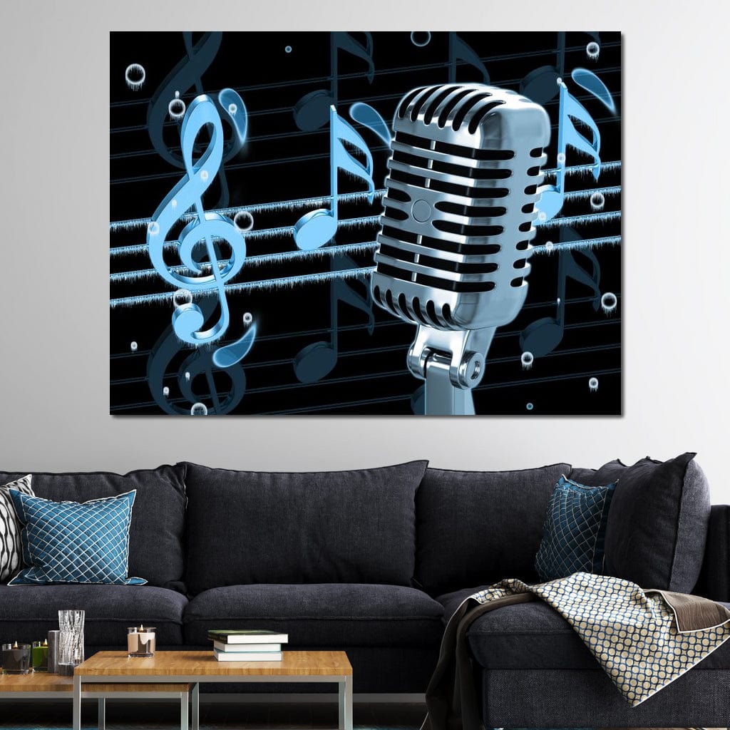Vintage Microphone & Blue Notes Canvas Wall Art