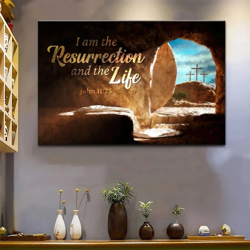 i am the resurrection and the life easter john 11 25 wall art canvas (Landscape) (view 2)