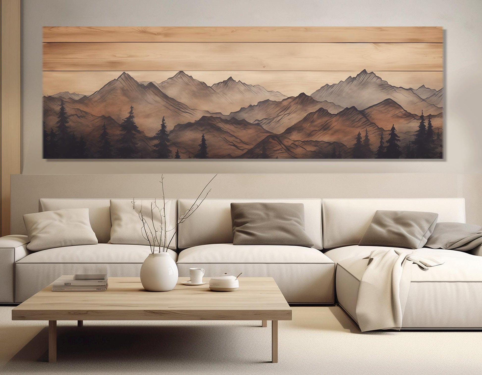 Mountains Wall Art - Soft Tones Mountains Painting on Wooden Canvas Print | Ready to Hang