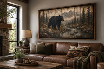 Black Bear Wall Art - Rustic Cabin Decor Canvas Print for Mountain Lodge