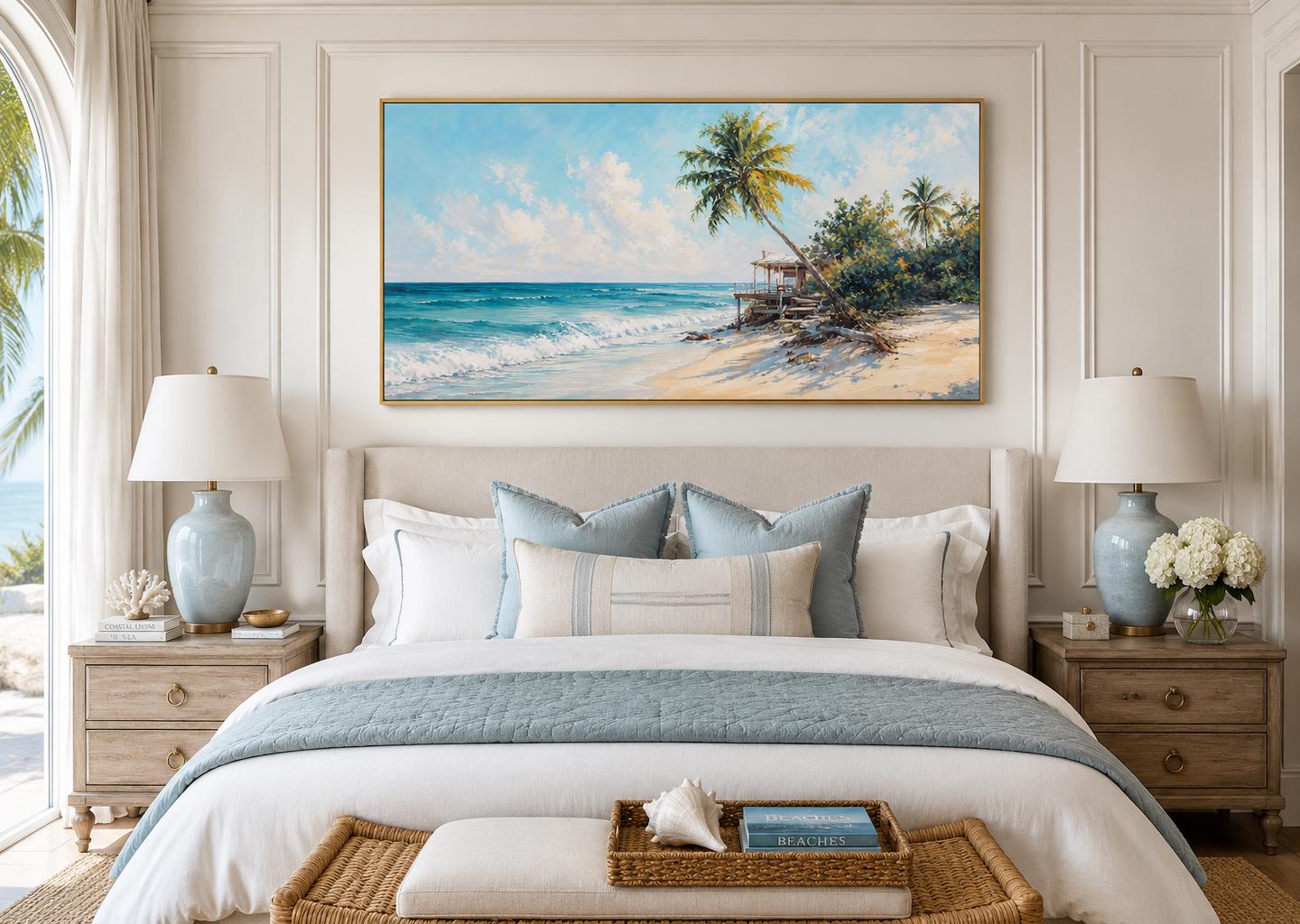 Tropical Beach with Palm Trees and Turquoise Waves, Coastal Wall Art