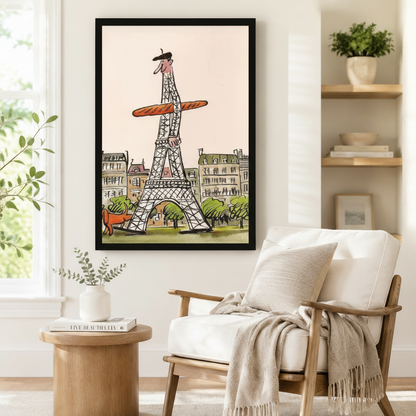 Funny Paris Eiffel Tower Baguette Man Canvas Art