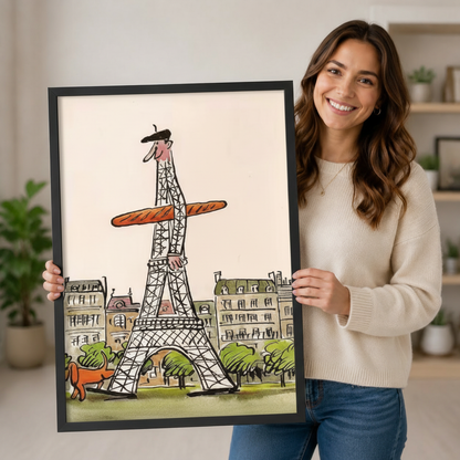 Funny Paris Eiffel Tower Baguette Man Canvas Art