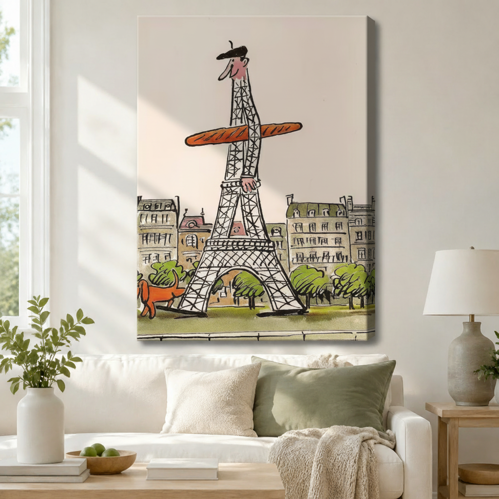 Funny Paris Eiffel Tower Baguette Man Canvas Art