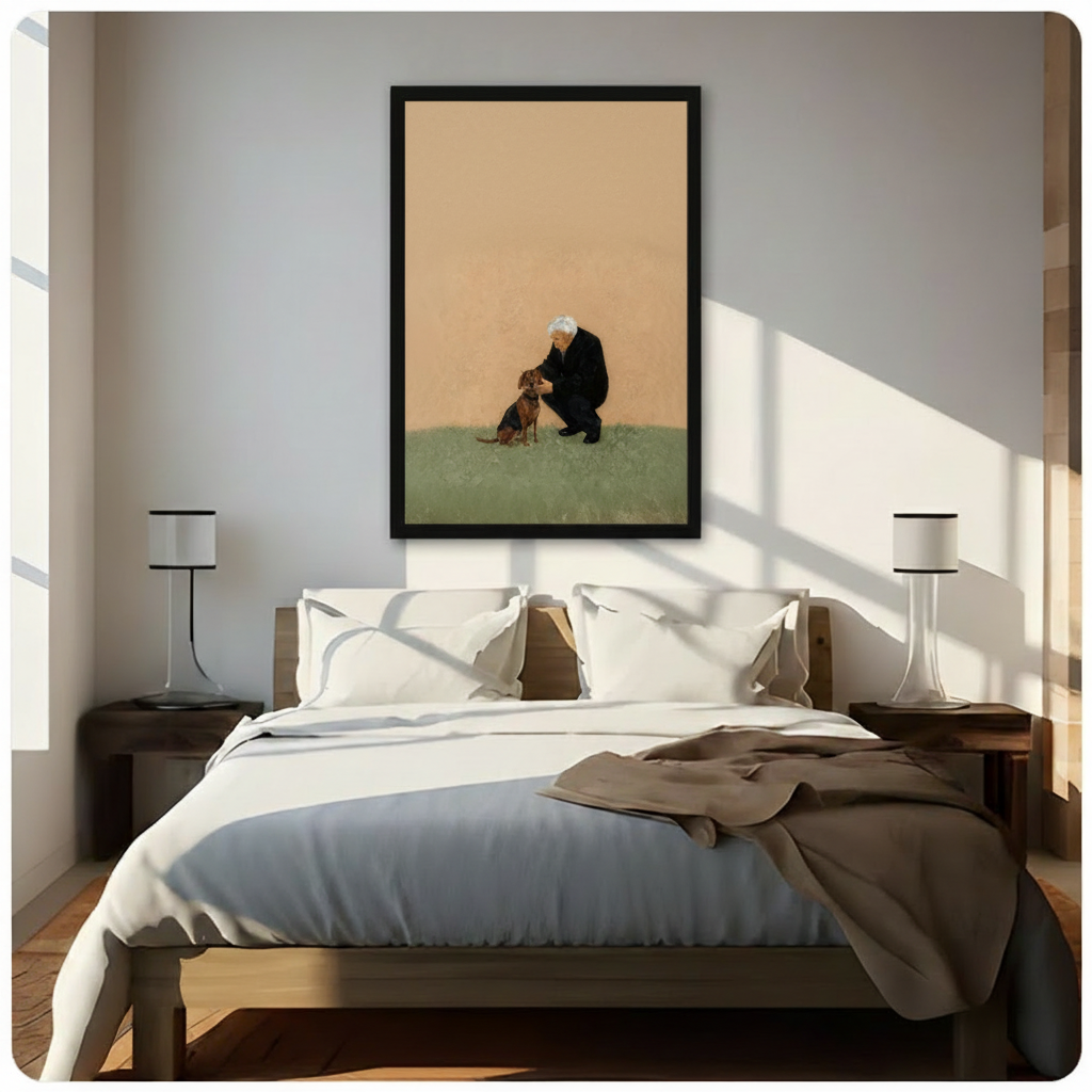 Elderly Man & Dachshund Vintage Oil Canvas Art