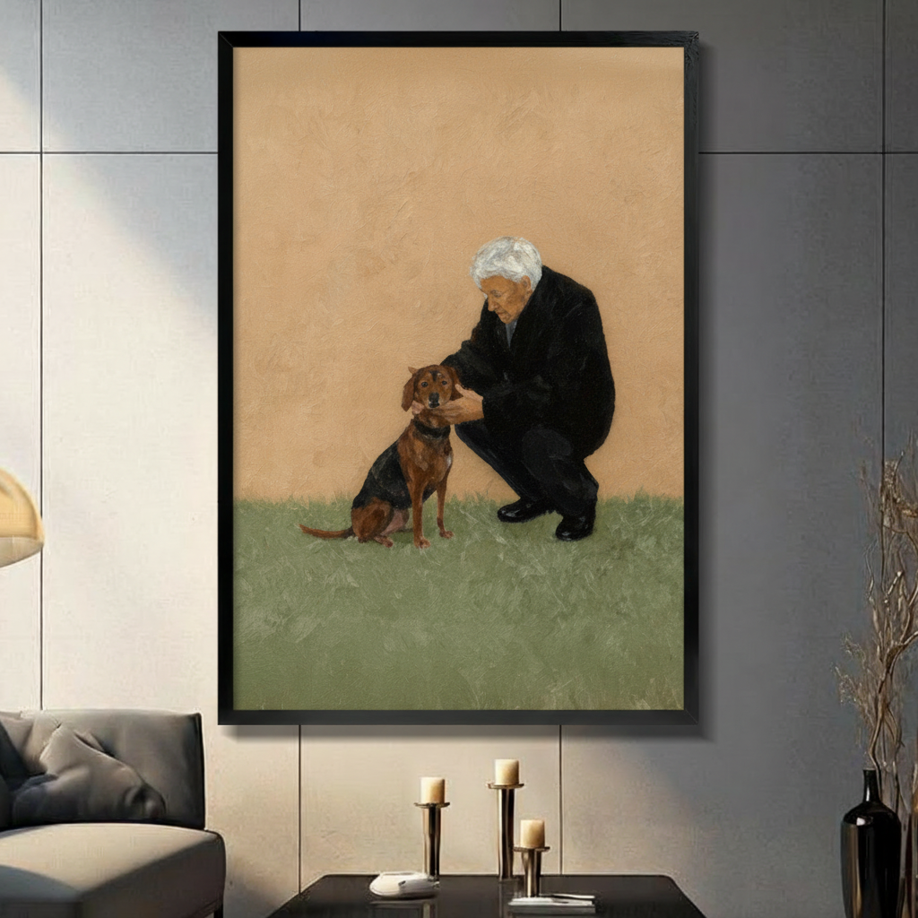 Elderly Man & Dachshund Vintage Oil Canvas Art