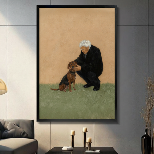 Elderly Man & Dachshund Vintage Oil Canvas Art
