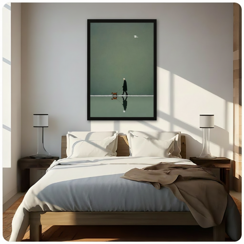 Minimalist Elder Walking Dog Reflection Canvas Art