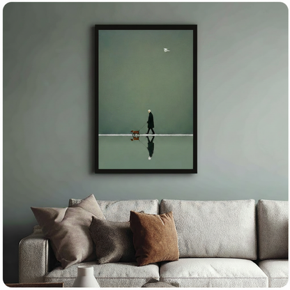 Minimalist Elder Walking Dog Reflection Canvas Art