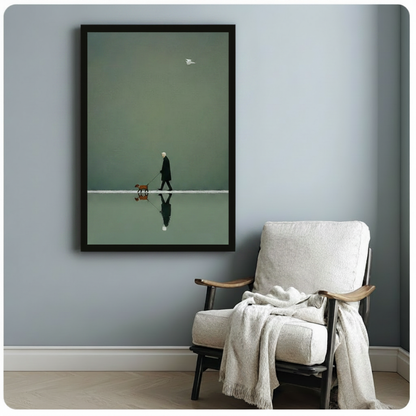 Minimalist Elder Walking Dog Reflection Canvas Art